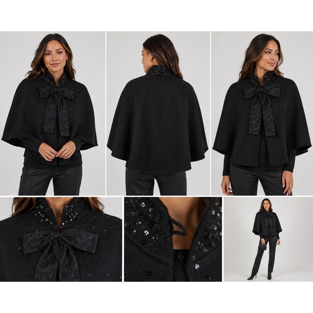 Prabal Gurung Target Neiman Marcus Black Wool Blend Sequin Lace Bow Cape One Sz
